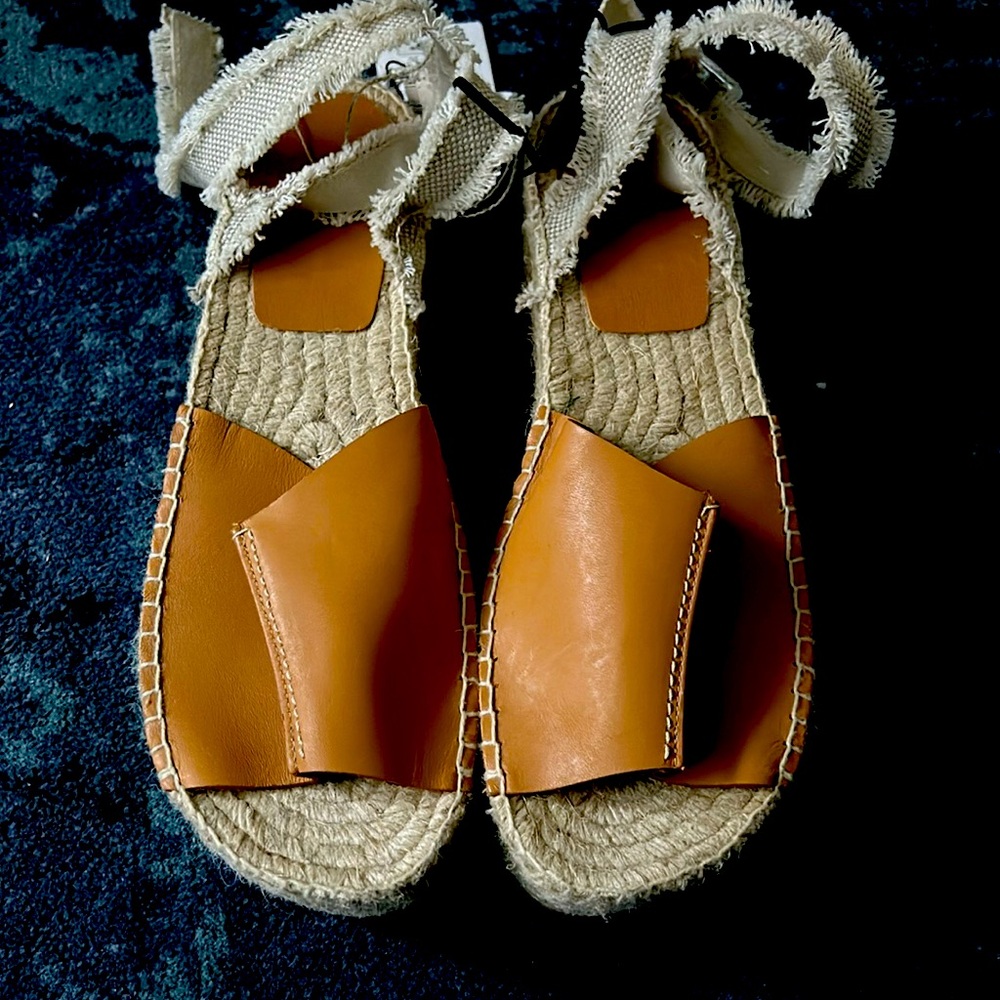 Zara Leather Wedge Espadrille (NWT) Brown - Sz 10/EU 41. Rubber sole,wrap ankle